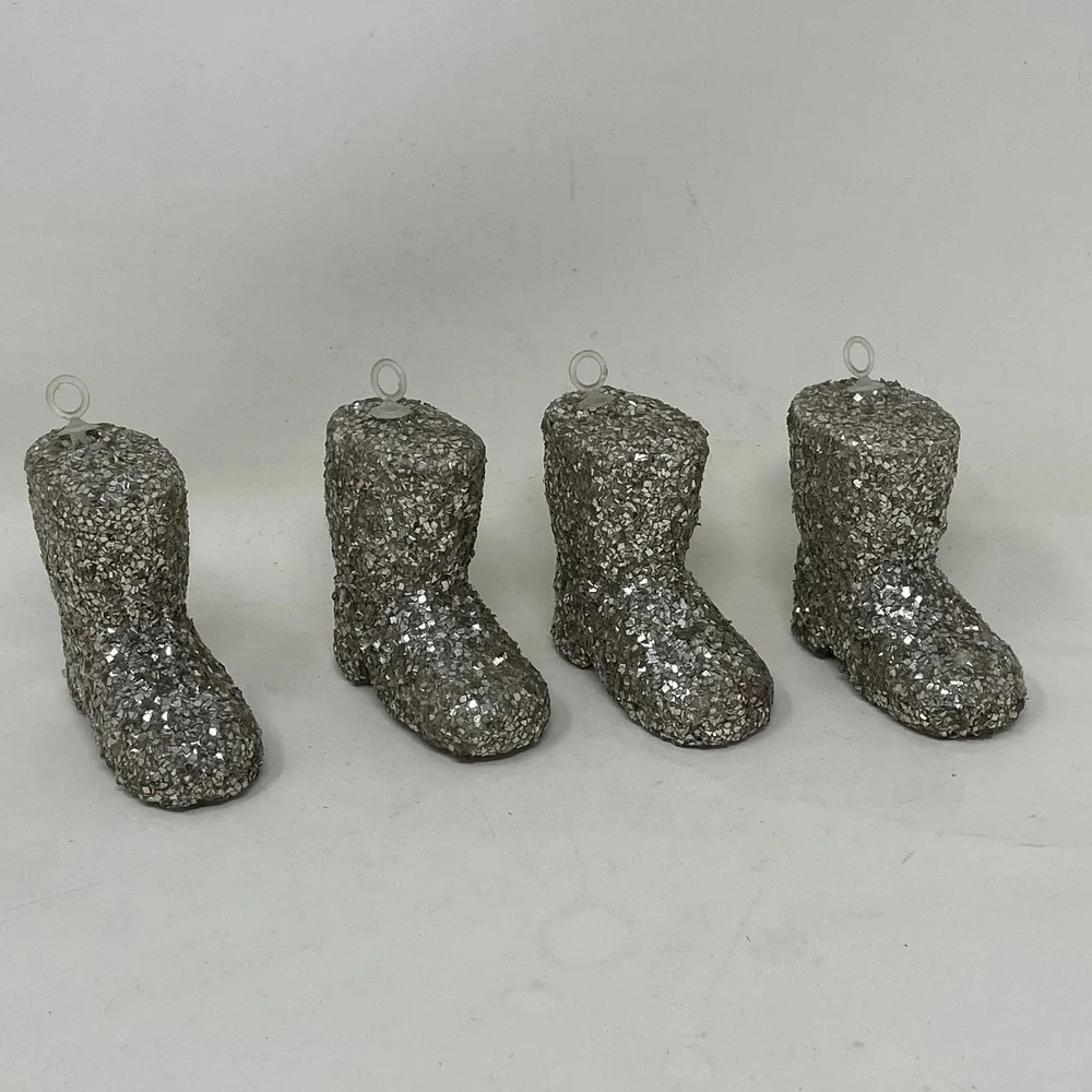 Vintage Silver Glitter Boot Christmas Ornaments Set of 4  Winter Holiday Decor
